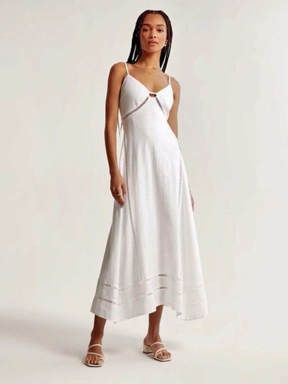 Abercrombie & Fitch Linen Blend Lace-Pieced Sharkbite Midi Dress in White - Exce